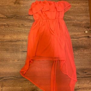 coral strapless high-low dress